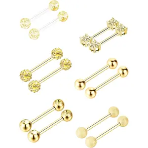 6 Pairs Nipple Tongue Ring Stainless Steel Barbell Rings Cubic Zirconia Nipplerings Body Piercing Jewelry, 14 Gauge (Gold Color)