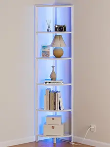 6 Tier Corner Shelf with LED Light, 67.5” Tall Standing Shelf Organizer, White Narrow Bookshelf with Storage Rack for Wall Corner, Living Room, Bedroom, Metal Frame, Wood Display Shelf