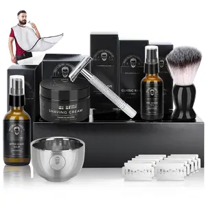 Shaving Kit for Men - A Complete Set with Safety Razor, Sandalwood Shaving Cream, Aftershave, Pre - Shave Oil, Shaving Brush, Bowl & Bib - Ideal Unique Gifts for Men, Great Birthday Gifts