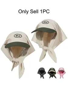 1pc Women'S Two-Tone Color Block Headscarf with Letter Embroidery & Tie-Back Design - Sun Protection Baseball Cap, Breathable Polyester, Adjustable Drawstring, No Feathers, Perfect for Casual Outing