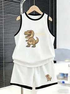Summer Boys' Sportswear Set, Tyrannosaurus Print, 'extinct but Still a Vibe' Text, Retro Style, Casual Campus Wear