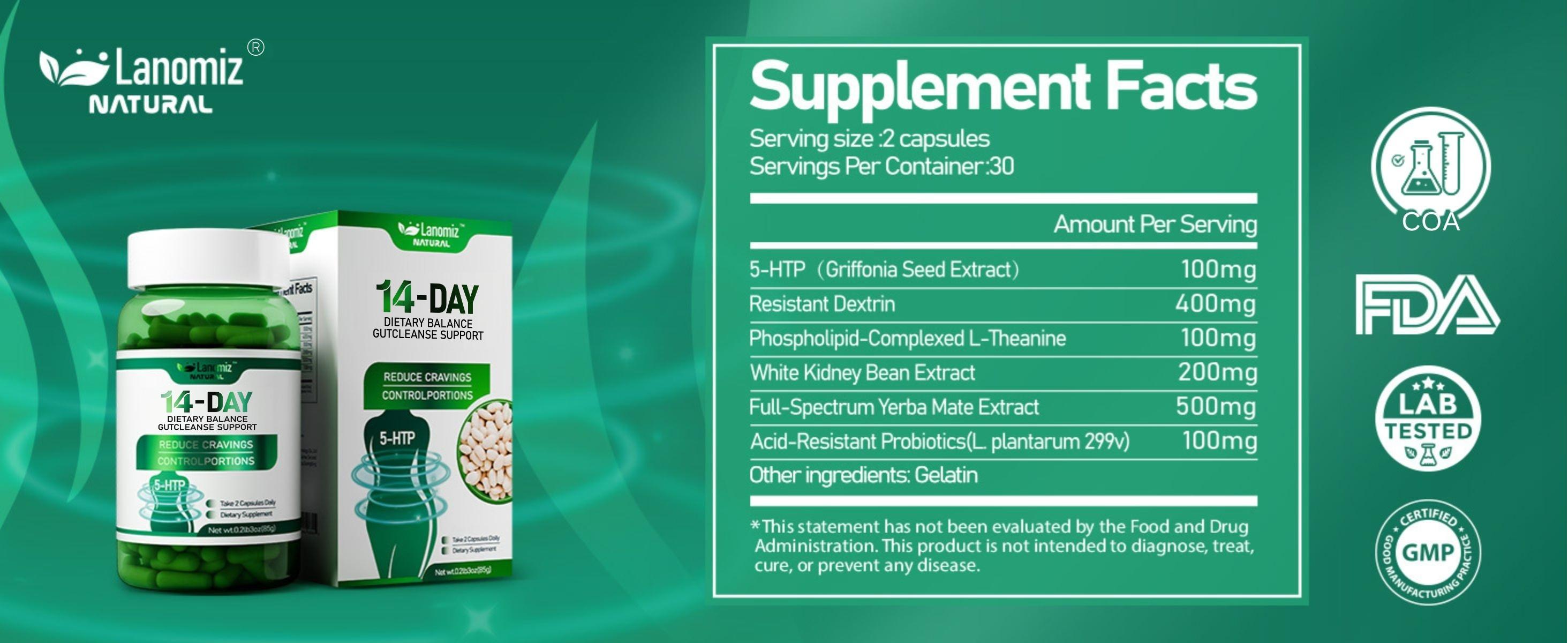 LANOMIZ Probiotic Complex Supplement with Yerba Mate Extract, White Kidney Bean Extract, Probiotics, L-Theanine, 5-HTP, 60 Capsules, Vegan, Gluten-Free, Non-GMO - Dietary