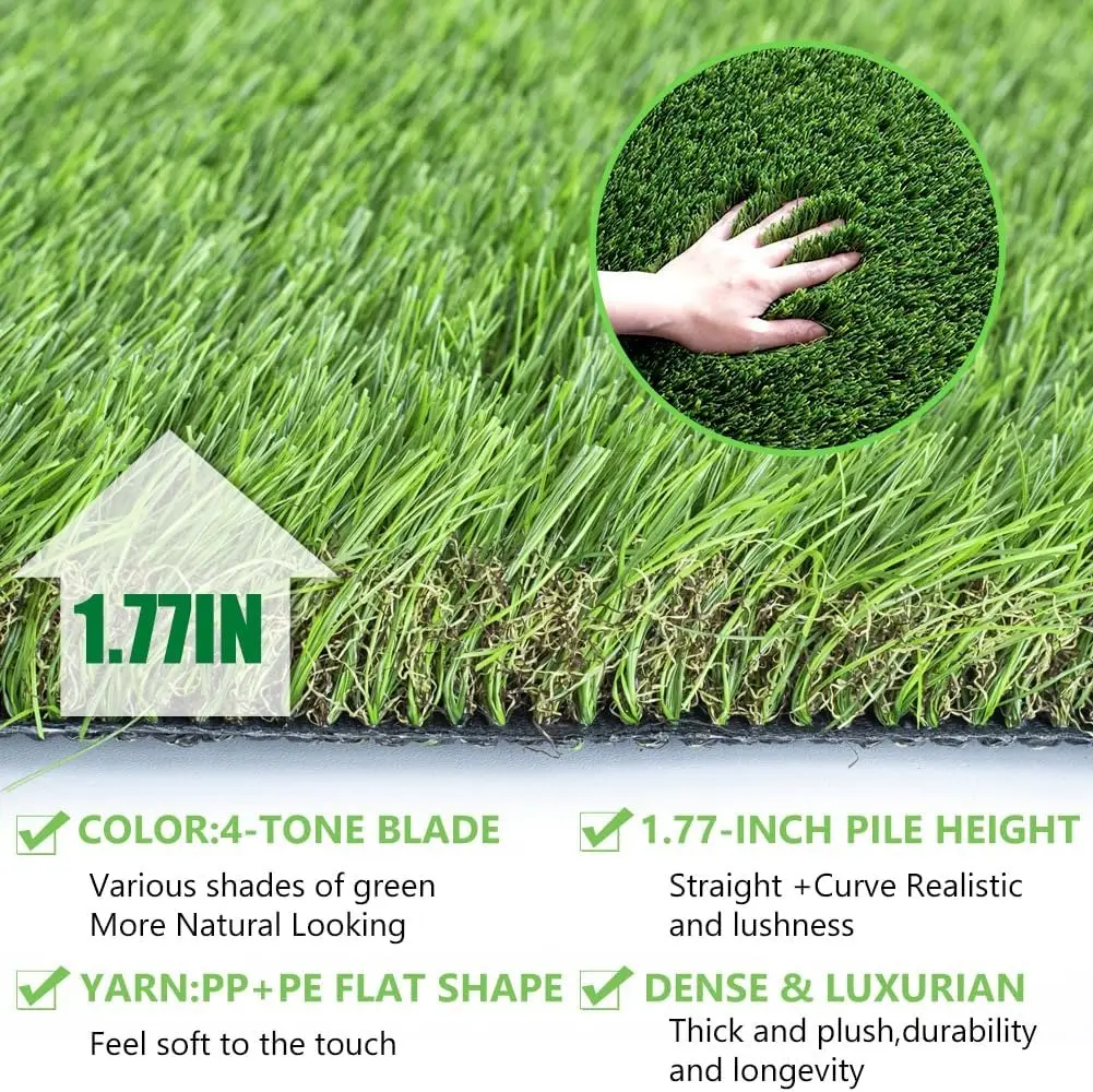 ECO Artificial Turf, 1.77-in Tall, 18900/m² Dense, PE+PP Yarns, Natural Blades, Extra Thick, Indoor/Outdoor Use, Drainage Holes, Ideal for Garden, Landscaping