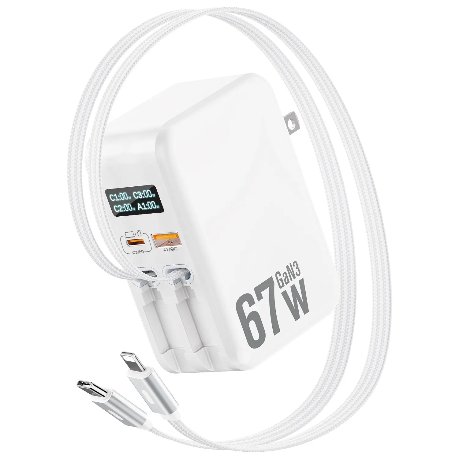 67W Output 3rd Gen GaN Auto-Retract Portable Wall Charger - 4-in-1 with 3.3Ft Dual Cables, Dual USB Ports, Smart LED Display, 30W PD USB-C Fast Charger for iPhone 17-13 Pro Max, Galaxy S25/S24, iPad