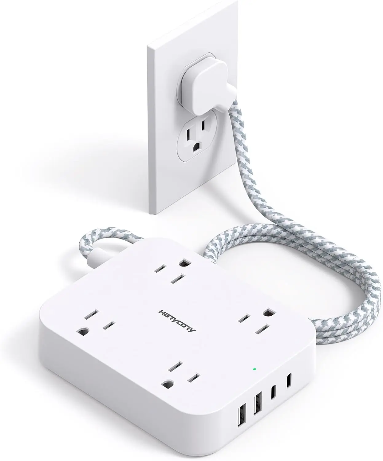 Flat Plug Extension Cord, 5ft Power Strip with 4 USB Ports(2 USB C), 4 Widely Outlets Extender, Wall Mount, Desk Charging Station for Office School Travel Dorm Room Essentials, ETL Listed