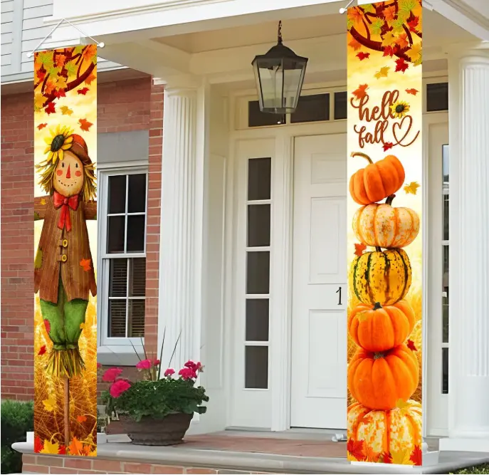 Fall Harvest Thanksgiving Porch Banner Sign - Scarecrow, Pumpkin-Themed Welcome Door Hanger, Hanging Window Decor for Farmhouse Home Use