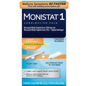 Monistat 1-Day Yeast Infection Treatment for Women, 1 Miconazole Ovule Insert & External Itch Relief Cream (9g Tube) Combo Pack, Maximum Strength