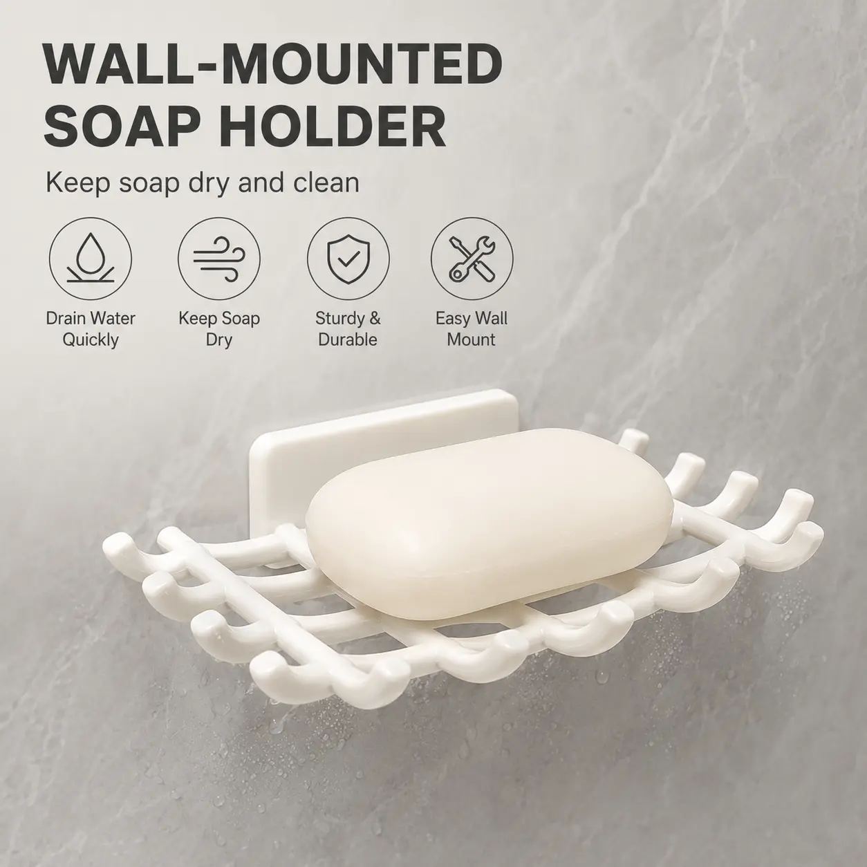 Wall Mounted Bar Soap Holder with Pad - 1-Count, Hollow Draining Design, Small Hooks, Adhesive No-Drill Installation for Bathroom, Kitchen