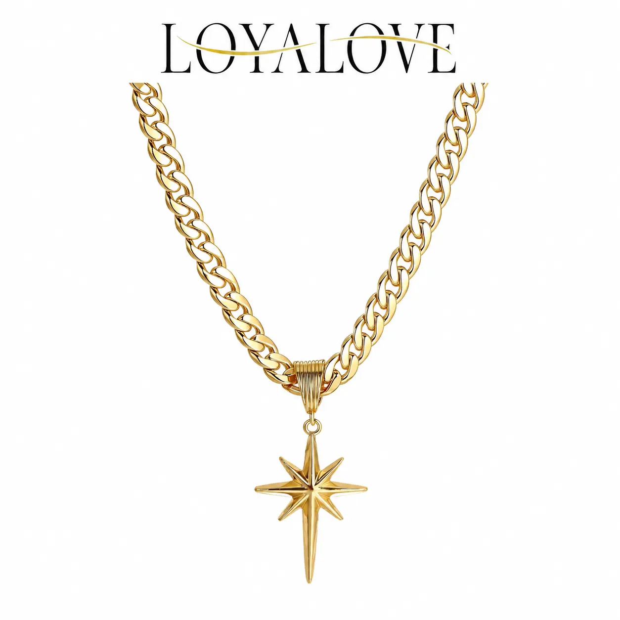 LOYALOVE 14K Gold Plated Chunky Cuban Link Necklace, North Star Pendant Chain Necklace for Women Men, Vintage Y2K Statement Jewelry, Trendy Gift