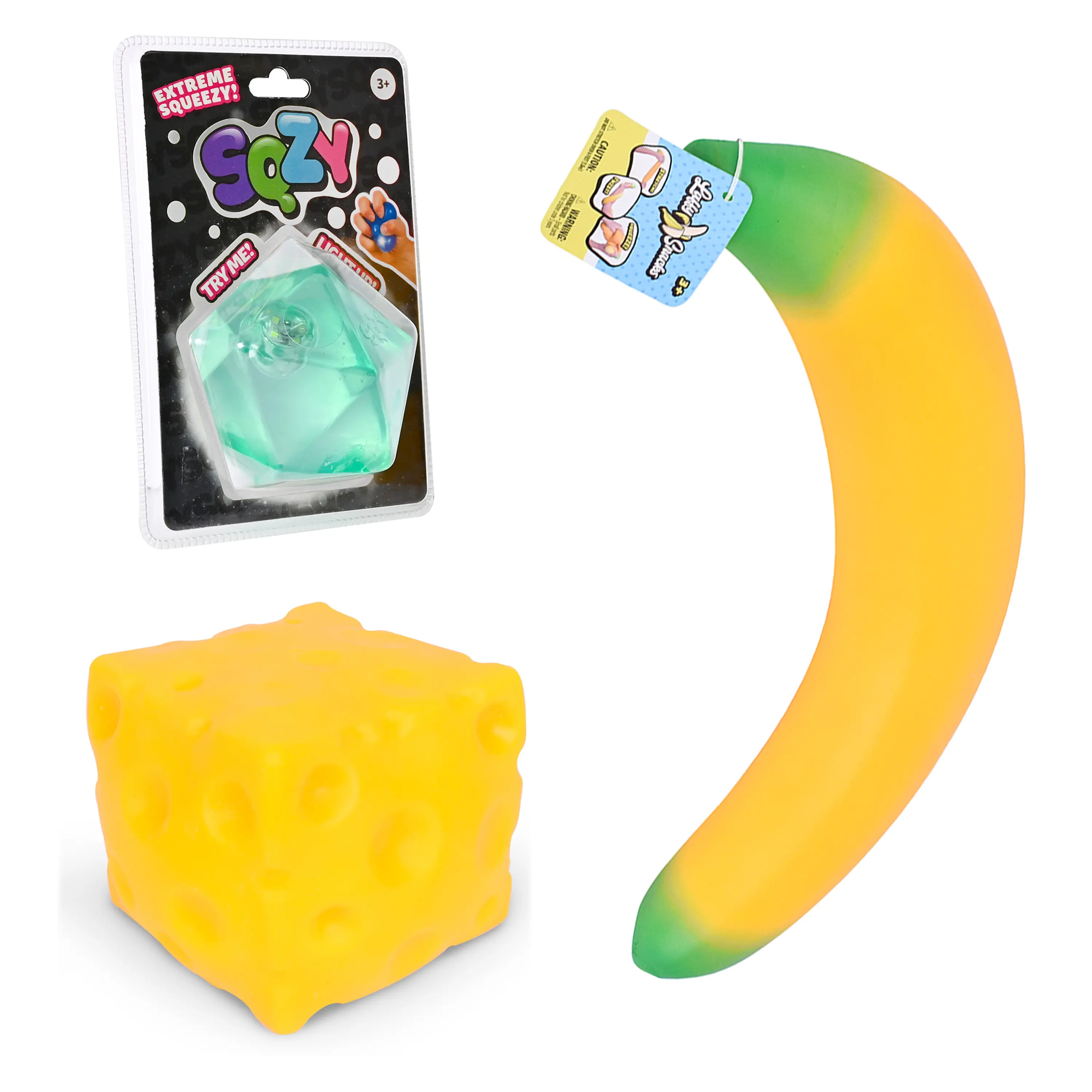 Toymendous Squishy Bundle, 3 Pack Sensory Fidget Toys with Banana, Cheese & SQZY Gel Gem Decahedron