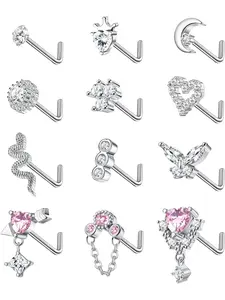 12pcs Nose Rings for Women, Dangle & Studs Set, Stainless Steel L-Shaped, Heart Snake Butterfly Cz, Elegant Nose Piercing Jewelry
