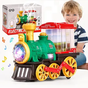 Electric Steam Train Toy, Crash Truck with Steam Locomotive, Smoke, Lights and Sounds, 360 Degree Rotating Christmas Train Truck