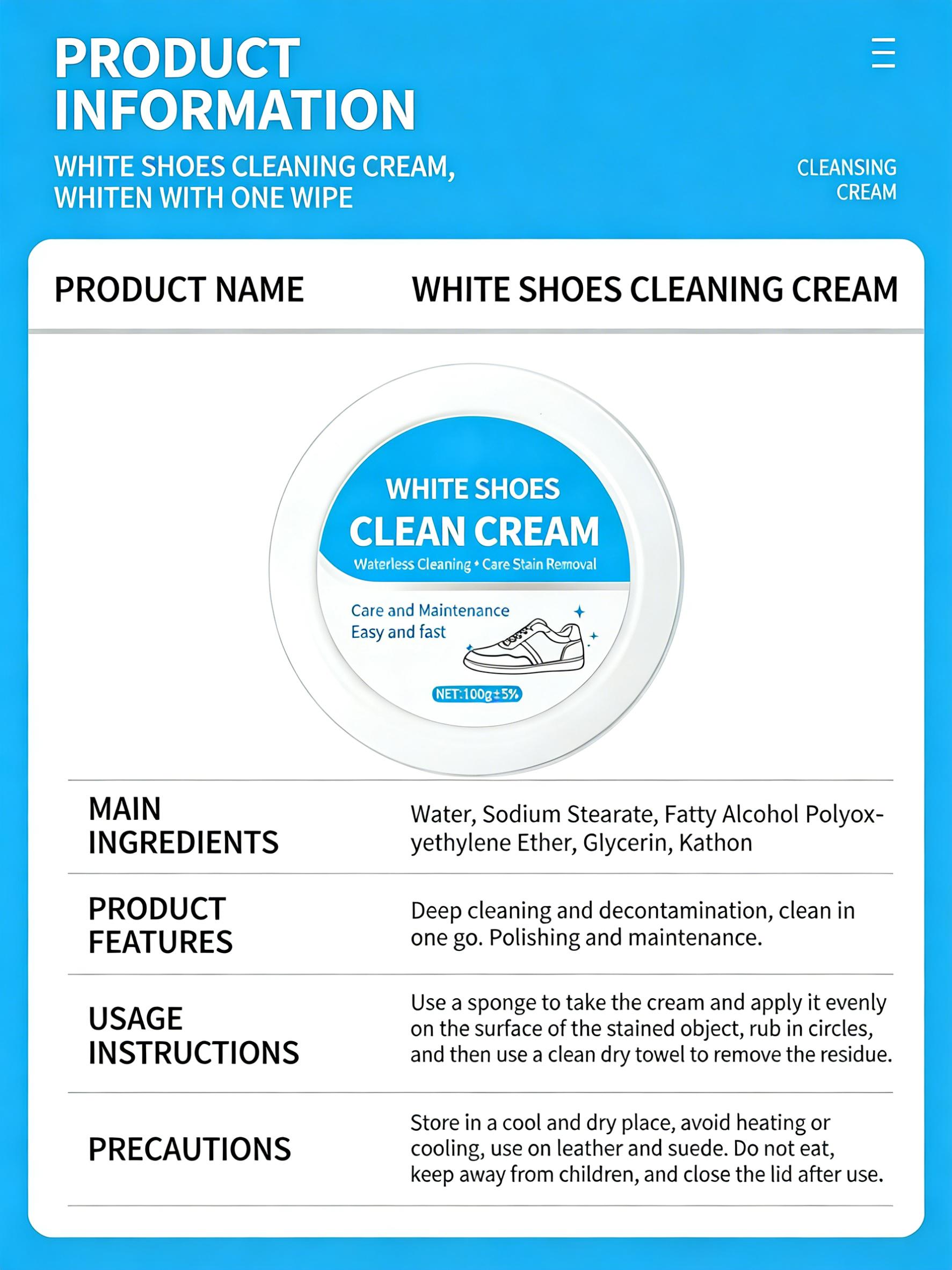 White Shoe Cleaner Cream Multipurpose No-Wash Solid Comes with Sponge Removes Stains Ideal for Leather Silicone Car Interiors Mild Non-Irritating Eco-Friendly White Shoe Cleaner Cream Multipurpose No-Wash Solid Comes with Sponge Removes Stains Ideal for Leather Silicone Car Interiors Mild Non-Irritating Eco-Friendly