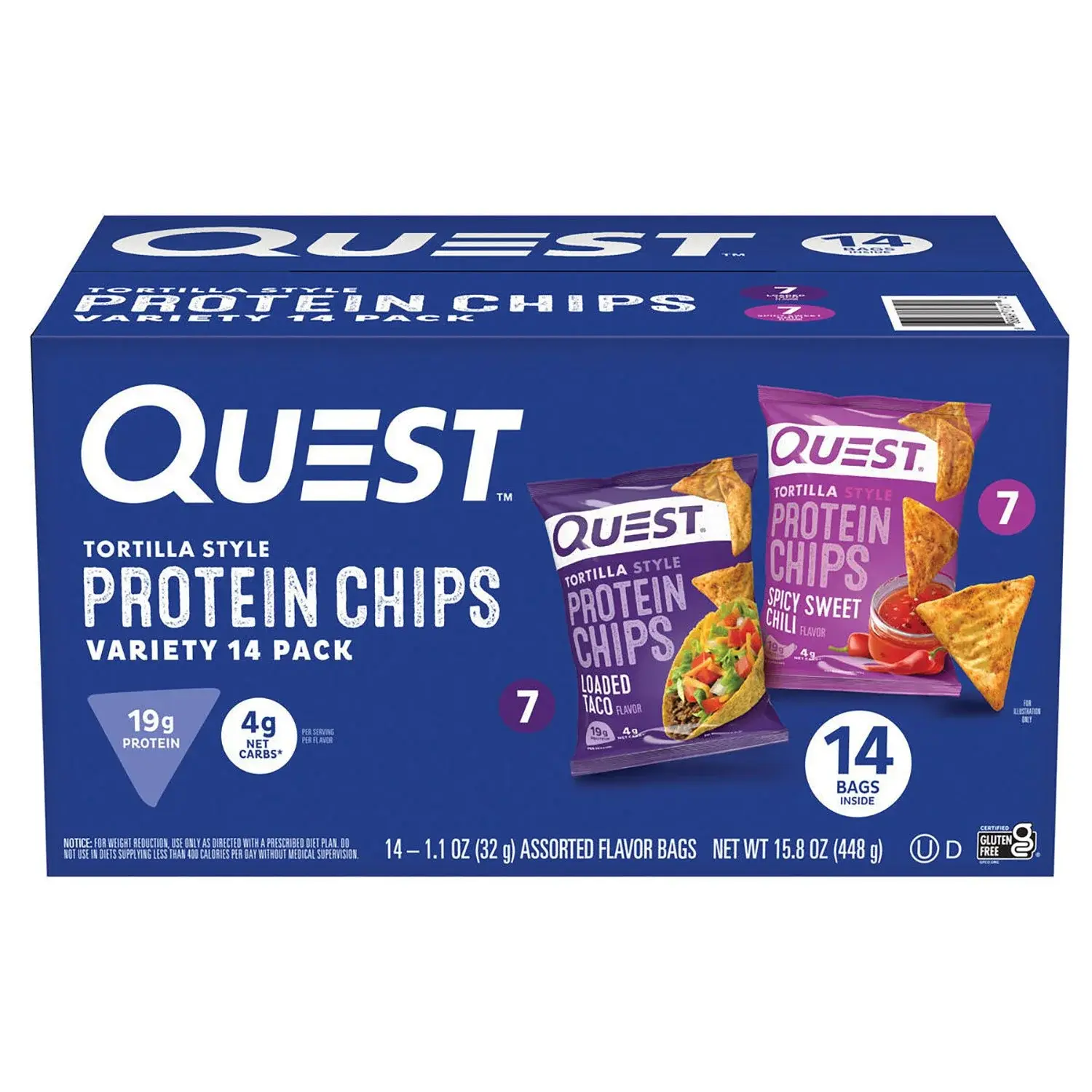 Quest Tortilla-Style 19g  Loaded Taco and Spicy Sweet Chili Protein Chips , Variety Pack, 14 ct. Snack Bites Snack Crunch