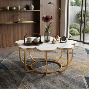 39.37 Inch Modern Flower Shaped Coffee Table, Faux Marble Tabletop with White and Gold Metal Frame, Stylish Floral Accent Center Table for Living Room Bedroom Lounge Decor
