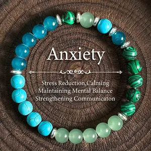 Anti Anxiety Bracelet With 8mm Malachite & Blue Turquoise Beads Elastic Mental Balance & Communication Unisex Stress Reduction Calming