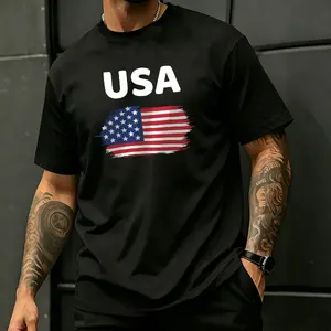Men’s short-sleeve T-shirt featuring a distressed USA flag print, classic color-block design, premium breathable cotton fabric, relaxed crew neck fit, retro street style—a versatile basic top for everyday wear and outings.
