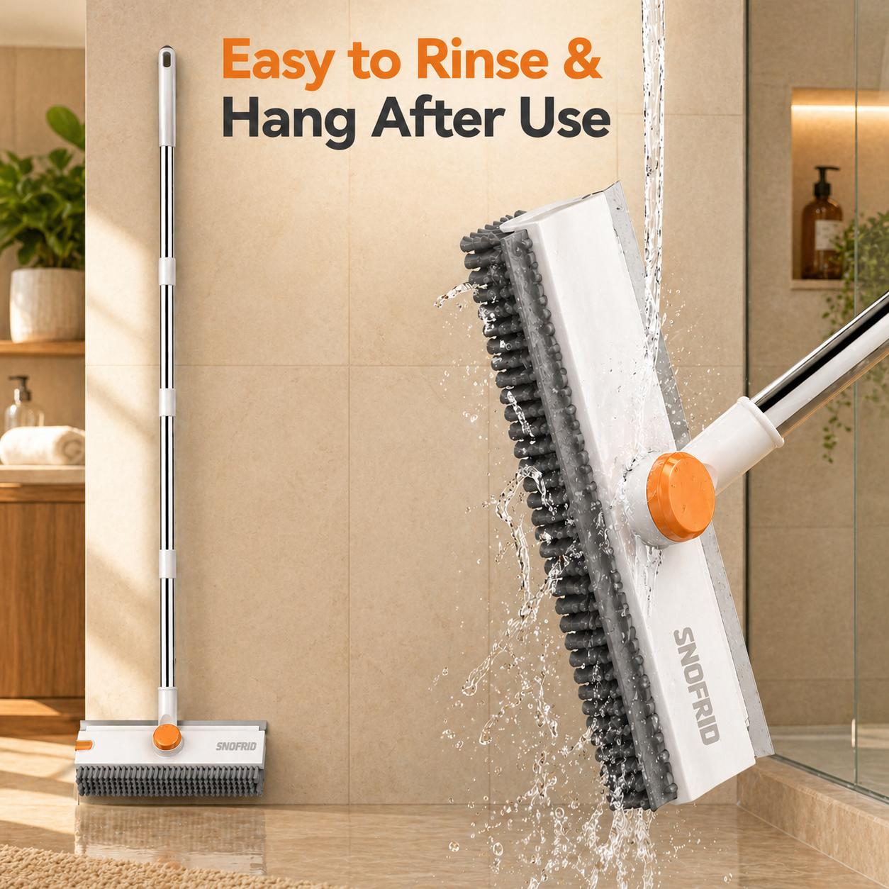 Snofrid Floor Scrub Brush, 3 in 1 Floor Scrub Brush with 54-in Adjustable Long Handle and Scraper Heavy Duty Stiff Bristle Floor Scrubber for Cleaning Shower Bathroom Kitchen Patio Garage Pool Wall and Deck, Orange&White