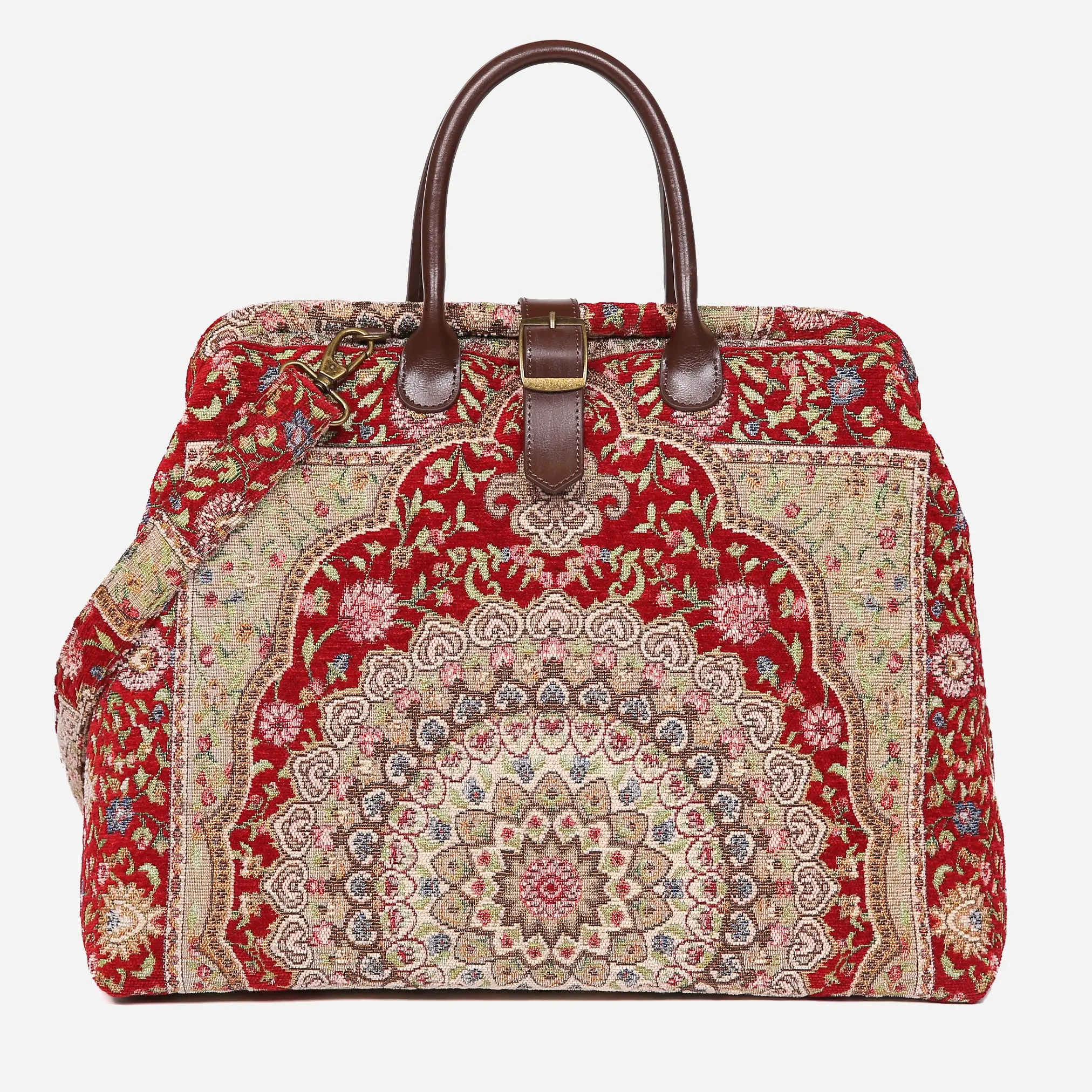 Women's Oriental Red Mary Poppins Weekender travel bag, Adjustable Strap, Carry-On Friendly Size, High-Capacity, 6 Bronze Bottom Studs