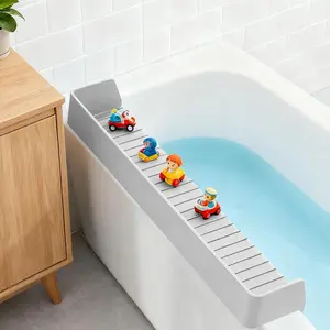 Bathtub Splash Guard for Kids,2.6 FT Silicone Bathtub Play Shelf with 11 Suction Cups, Bath Tub Ledge Shelf for Kids, Prevents Water Spills in Bathroom (Grey)