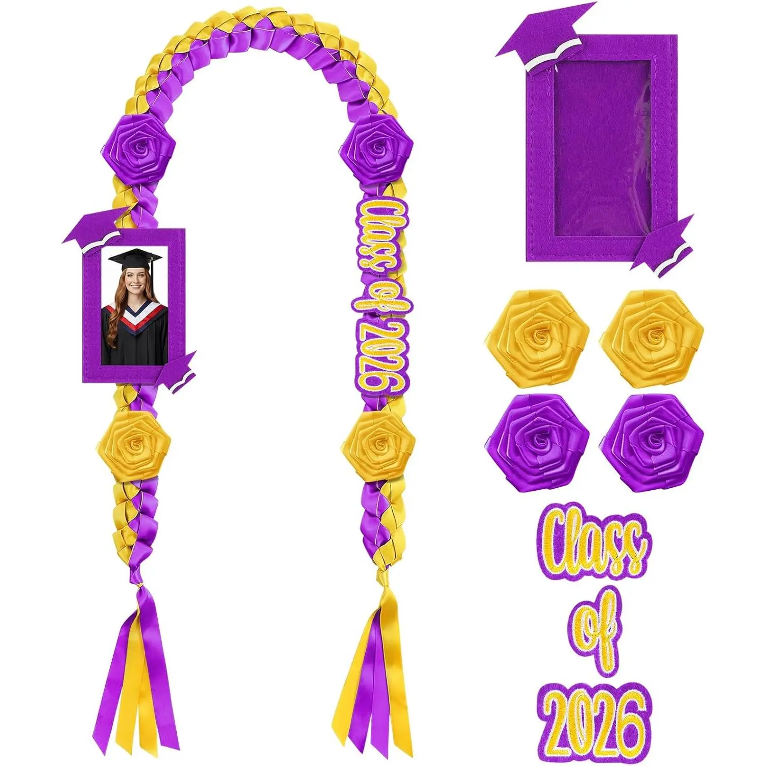 Class of 2026 Graduation Lei, Double Braided Polyester Money Lei Necklace with DIY Felt Photo Frame & Pin Kit, 47.2 Inch Gift, Gold & Purple, Money Lei For Graduation