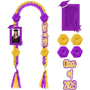 Graduation Lei Necklace Class of 2026 Grad Money Leis Double Braided Necklace Felt Photo Frame Flower Ribbon for Him Her DIY Party Decorations Gifts, 47.2inch (Gold,Purple)
