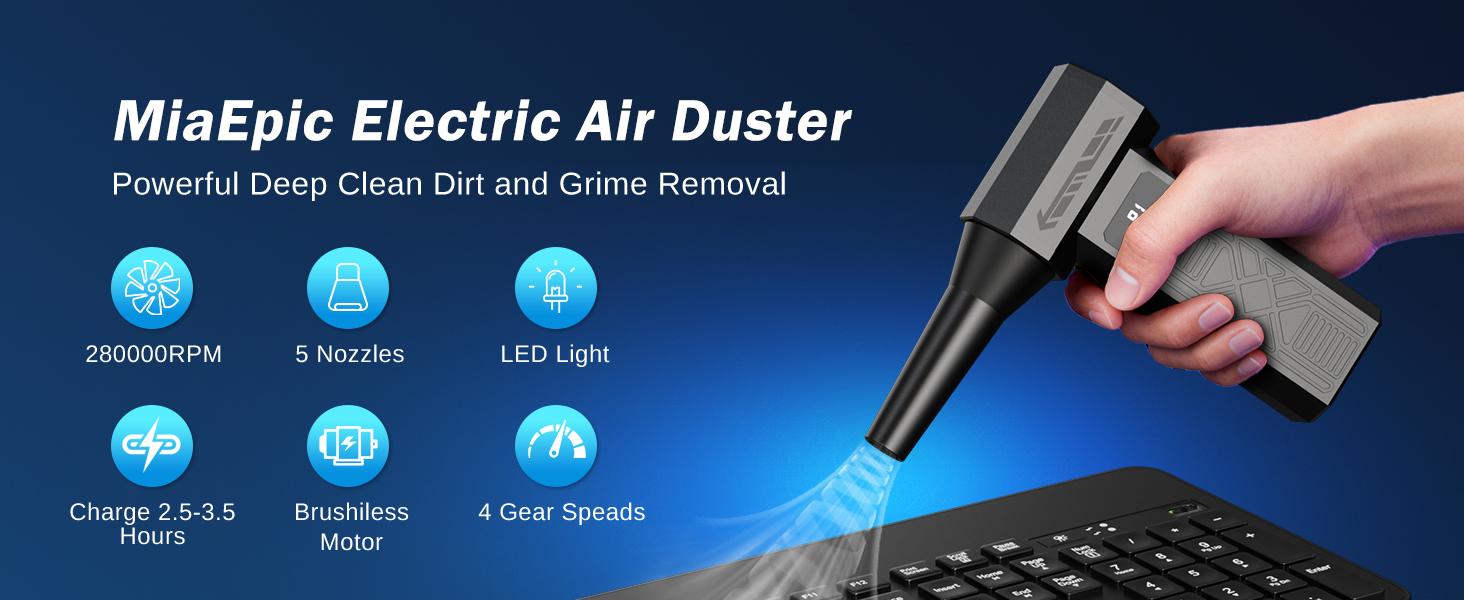 MiaEpic Cordless Air Duster - Rechargeable Lithium Battery Brushless Handheld High Speed Blower, Battery Operated Blower for Keyboard, PC Vents - 110000 RPM, 5 Nozzles, 4 Speeds, Fast Charging Turbofan Minijet