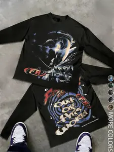 Unisex Street Style Long Sleeve Fitted T-Shirt, Out of This World Slogan Print & Astronaut Graphic, Cyberpunk Space Theme, Punk Y2K Fashion,Suitable for streetwear, punk style, and Y2K fashion.