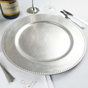 6-Pack Acrylic Charger Plates 13" Round Silver Beaded Rim - Dinner Charger Tabletop Decor