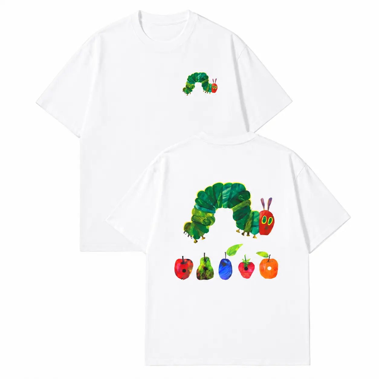 Colorful Caterpillar and Fruit Graphic T-Shirt, 100% Cotton 180 GSM Unisex Crew Neck Short Sleeve, Relaxed Dual-Sided Streetwear Tee