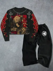 Men's Streetwear American Anime Girl Print Matching Hoodie Set, Sweatshirt, Long Sleeves, Comfortable Fashion Design, Ideal for Daily Outings, Casual Wear