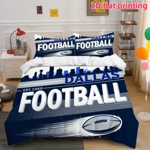 2D Flat 3Pcs Dallas Football Sports Bedding Navy Blue Skyline Design Comforter Cover Soft Microfiber (1 Duvet + 2 Pillowcases, No Insert) Suitable for Bedroom and Dormitory Room Home Decoration.