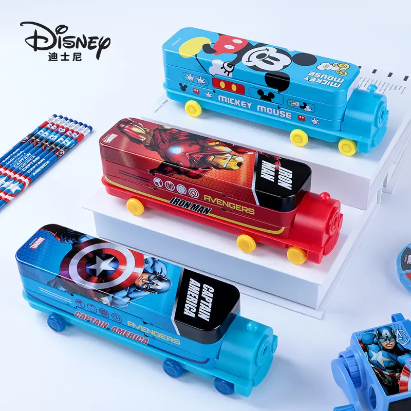 Children's Learning Stationery Box Cartoon Double layered Train Multi functional Creative Elementary School Iron Pencil Box Disney