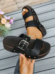 Ladies' Spring, Summer Thick-Soled Sandals, Pu Leather Sandals, Leather Upper with Rivet Metal Buckle Decoration High Water Platform Slides Flatform