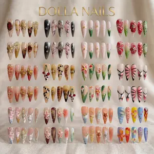 Handmade 3D Long Almond Press-On Nails, Reusable Fake Nails with Flower & Gold Foil Design, Salon-Quality Manicure for Daily Wear & Summer