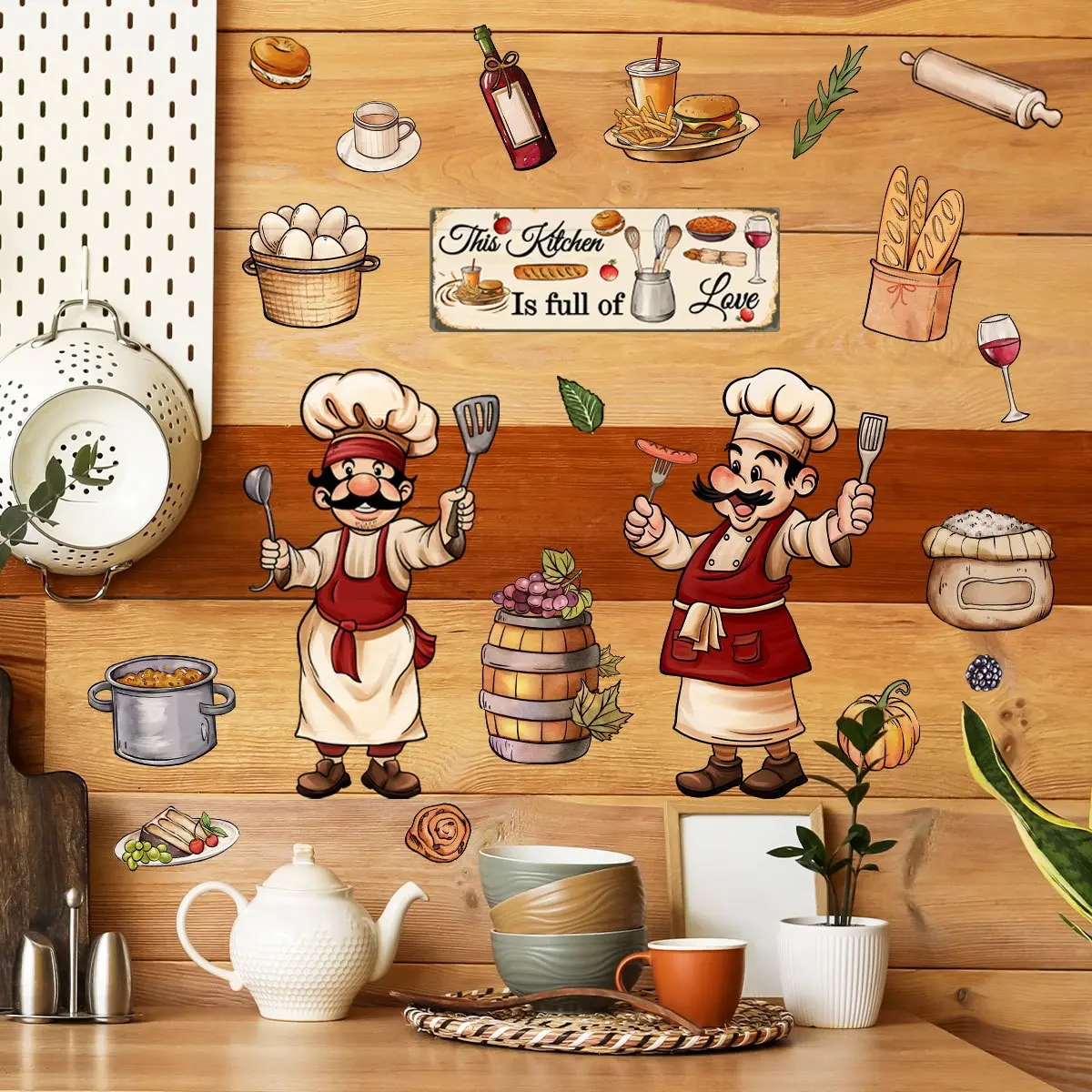 A set of four (20*30cm*4pcs) creative chef kitchenware wall stickers for decorating home and restaurant walls, self-adhesive kitchen background wall stickers, Decorative Decal, Wall Decals BM9003