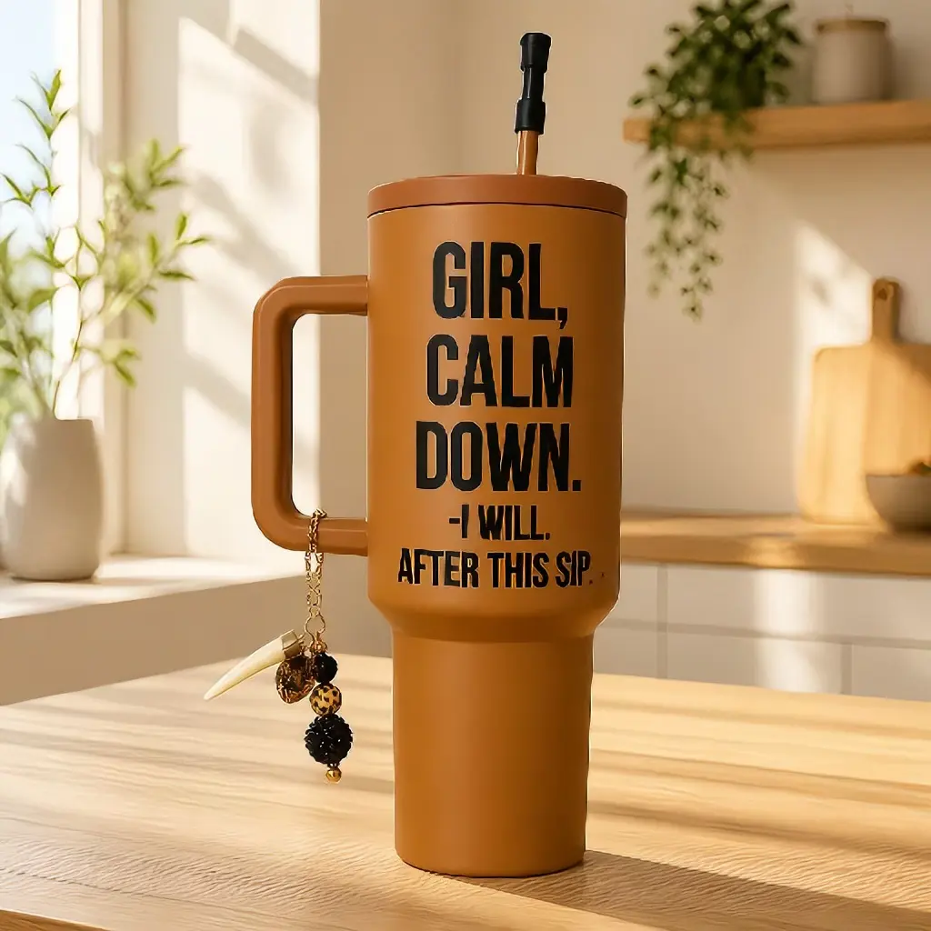 Girl Calm Down 40 oz Stainless Steel Tumbler with Charm Keeps Drinks Cold Long Time American English