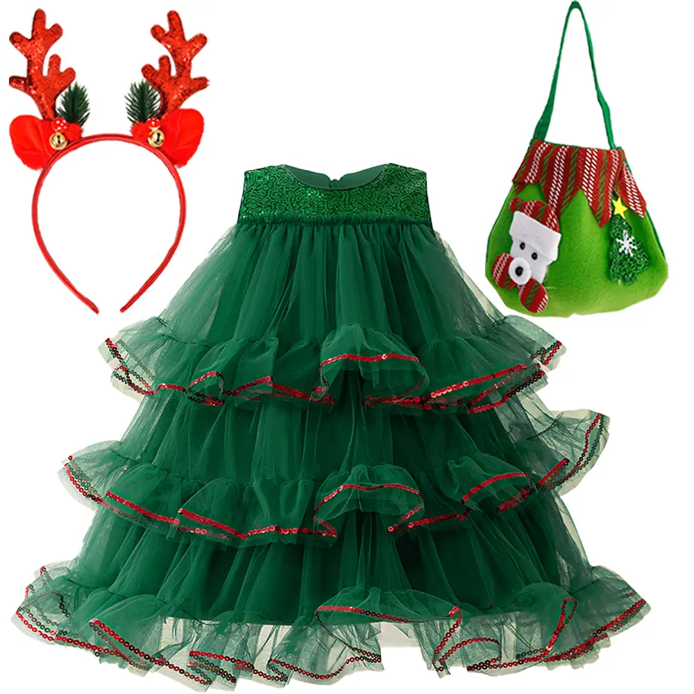 088 (Dress + all accessories) Christmas dress sleeveless sequin dress flower girl cake tutu skirt fashionable holiday evening dress