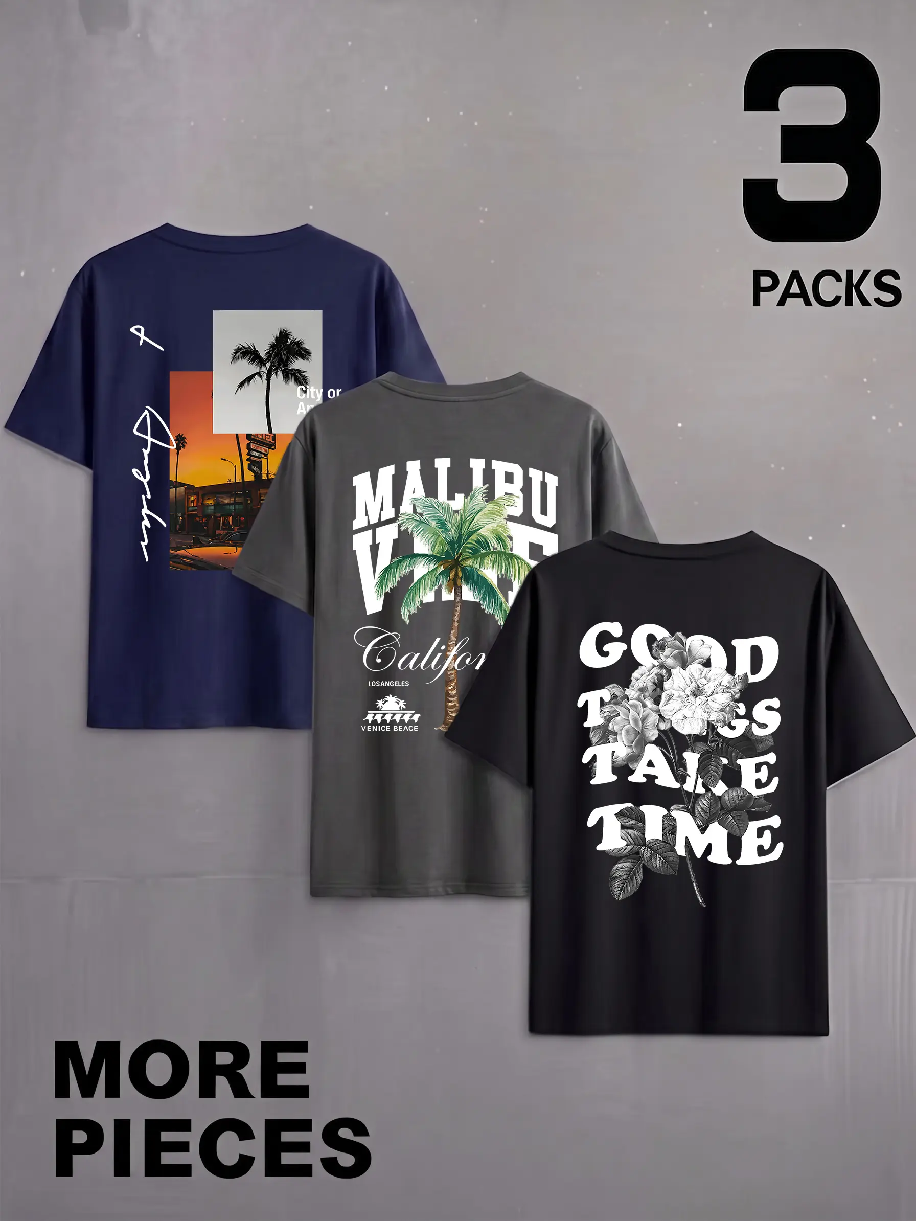 Men'S Short Sleeve T-Shirts - 3pcs Western California Coast Retro Street Men'S Summer Short Sleeve Malibu Sunset Palm Tree And Rose Floral English Slogan Print Micro-Elastic Smooth Drape Cool Quick-Dry Suitable for Outdoor Fitness Leisure Outing Cam