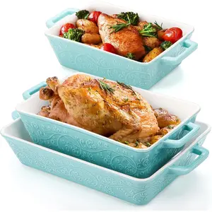 Set of 3 Casserole Dishes for Oven, Ceramic Baking Dishes with Handles, Rectangular Lasagna Pan Bakeware Set for Baking Cooking, Roasting, Broiling, Gratin, Wedding & Housewarming , Blue