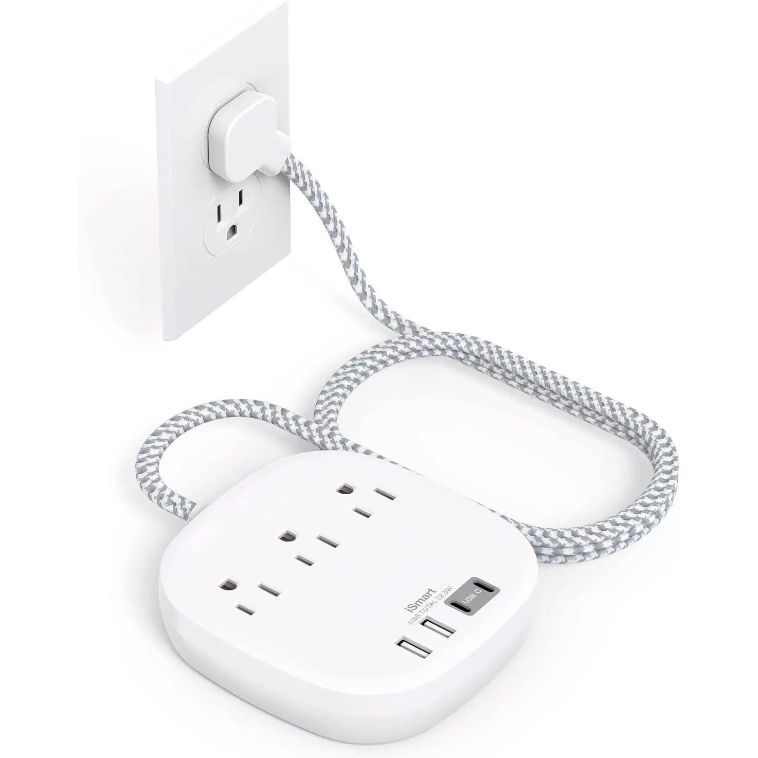 Flat Plug Power Strip with 5ft Flat Cable, 3 Wall Plug Outlets, 4 USB Ports (2 USB-C), 22.5W/4.5A Fast Charger Desktop Station - Pure Copper Wire, Fireproof, ETL Certified, No Surge Protection for Cruise Ship, Multi-Devices Use, College Dorm Room, 5Ft Cab