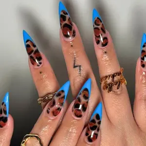 Blue Leopard Print Press On Nails, Wild Animal Print Long Stiletto Nails, Bold Safari Inspired Nail Art, Trendy Statement Nail Set