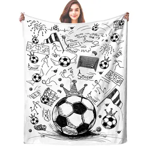 Football Graffiti Art Blanket, and Soccer Sketch Throw, Sports Theme Room Decor Gift, Unique Hand-Drawn Style Football Cover