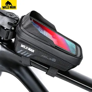 WILD for Man High Quality Bike Frame Bag with Touch Screen Phone Holder, 6.8" Hard Shell Cycling Bag for MTB, Detachable Strap, Carbon Texture PU+EVA+TPU, Tarpaulin, Adjustable Ropes, Black