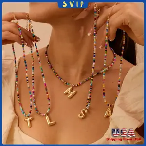 18K Colorful Letter Neckace for Women -PersonalizedBubble lnitial Pendant, Handmade Beaded Boho Choker,Cute Beach Layered Jewelry Gift