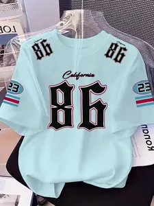 86 Number Multi-Print Trendy Graphic Tee, Fun and Playful European Style Round Neck T-Shirt, Casual Slim-Fitting Top Without Zipper or Collar