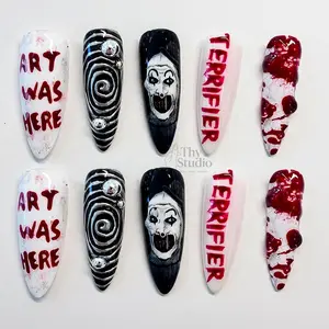 Terra Nails – Terrifier Horror Press On Nails, Bloody Halloween Nails with Clown Face & Spiral Art, Scary Handmade Long False Nail Set, Halloween Nailbox