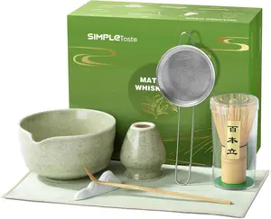 Matcha Whisk Set, 7 Pcs Ceramic Matcha Kit Includes Bowl, Whisk and Holder, Bamboo Scoop, Scoop Rest, Sifter and Tea Towel - Matcha Kit for Macha Lovers (Green)
