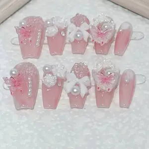 10pcs high-end Rose jelly butterfly handmade fake nails, Pink-themed nail decoration patches for teenagers