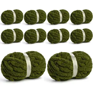 10 Pack  Chenille Yarn for Crocheting, #10 Super Bulky  Soft Yarn for Hand Knitting, 220 yds /70.5 oz Fluffy Chunky Knit Throw Blanket Yarn (Olive Green)